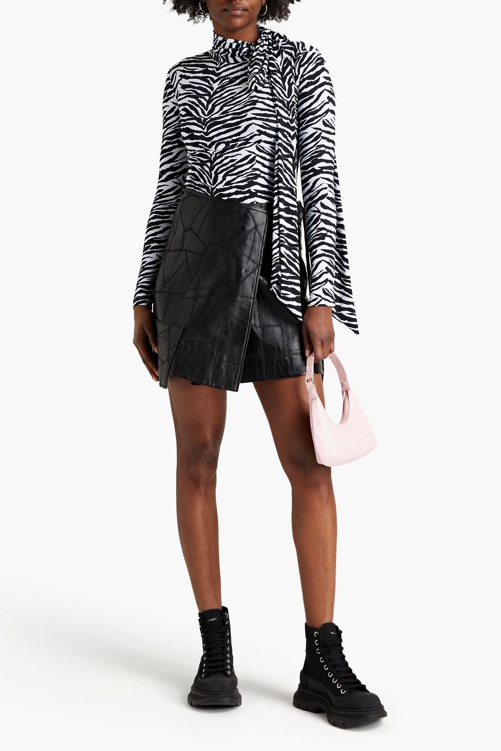 GANNI Patchwork leather mini wrap skirt