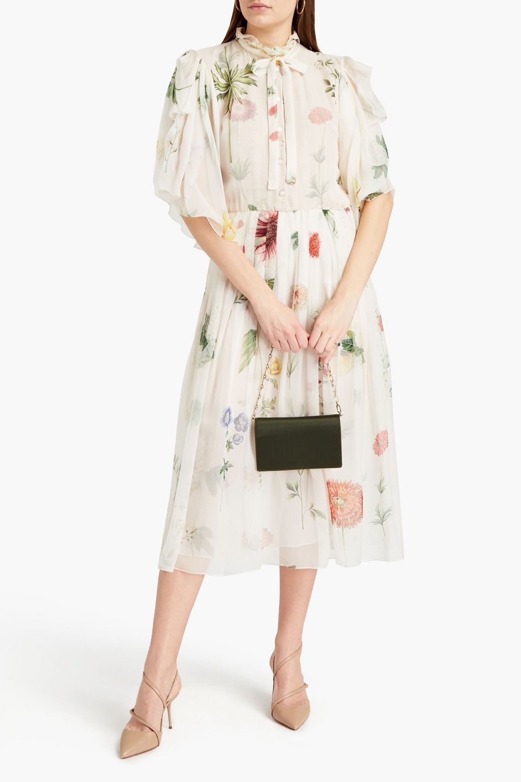 OSCAR DE LA RENTA Pussy-bow floral-print silk-chiffon midi dress