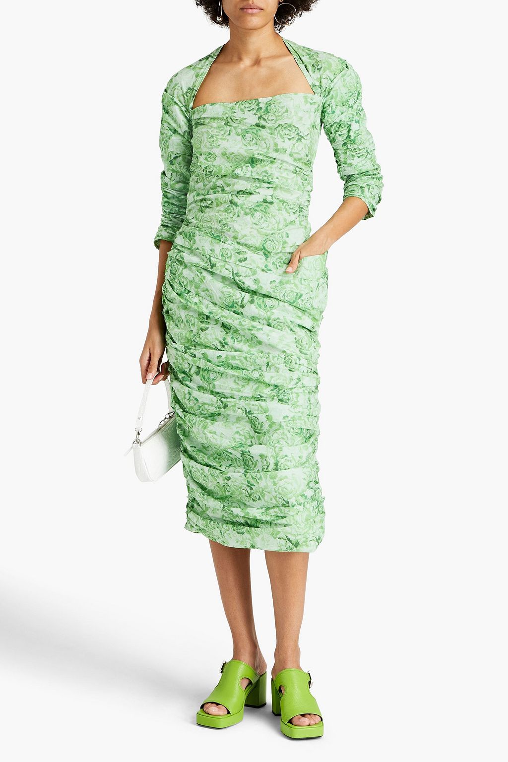 GANNI Ruched floral-print cotton midi dress