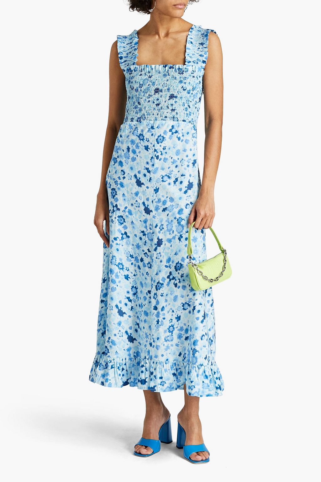 GANNI Shirred printed cotton midi dress
