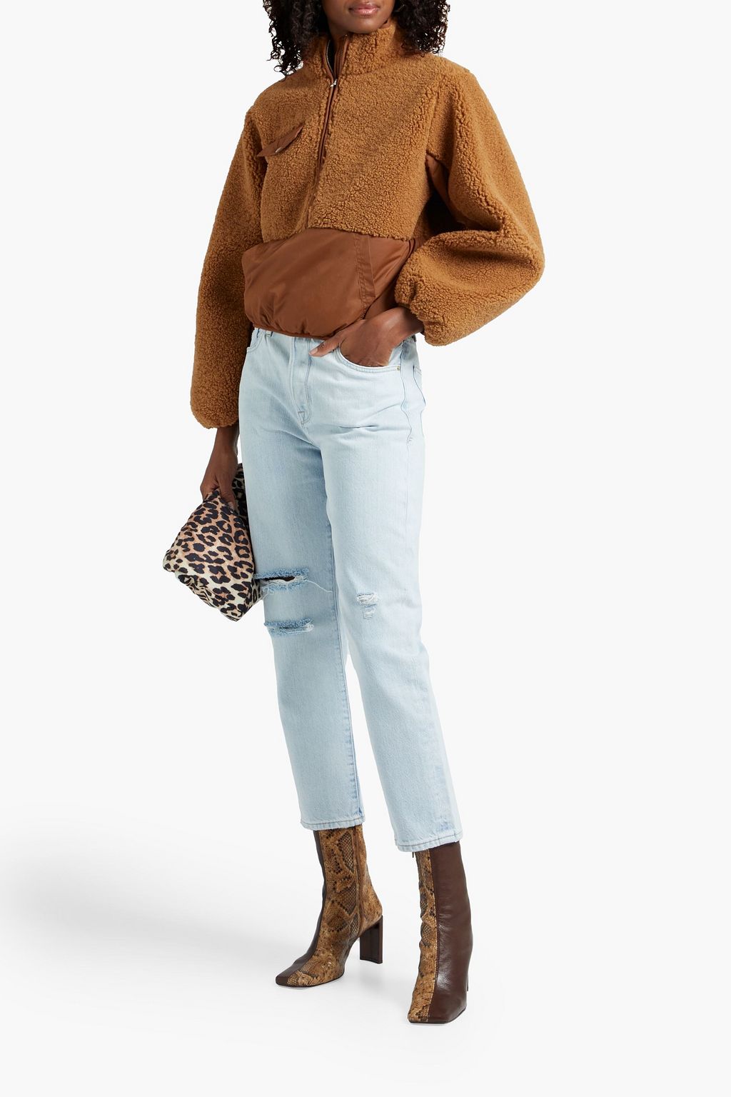 FRAME Cropped shell-paneled faux shearling jacket