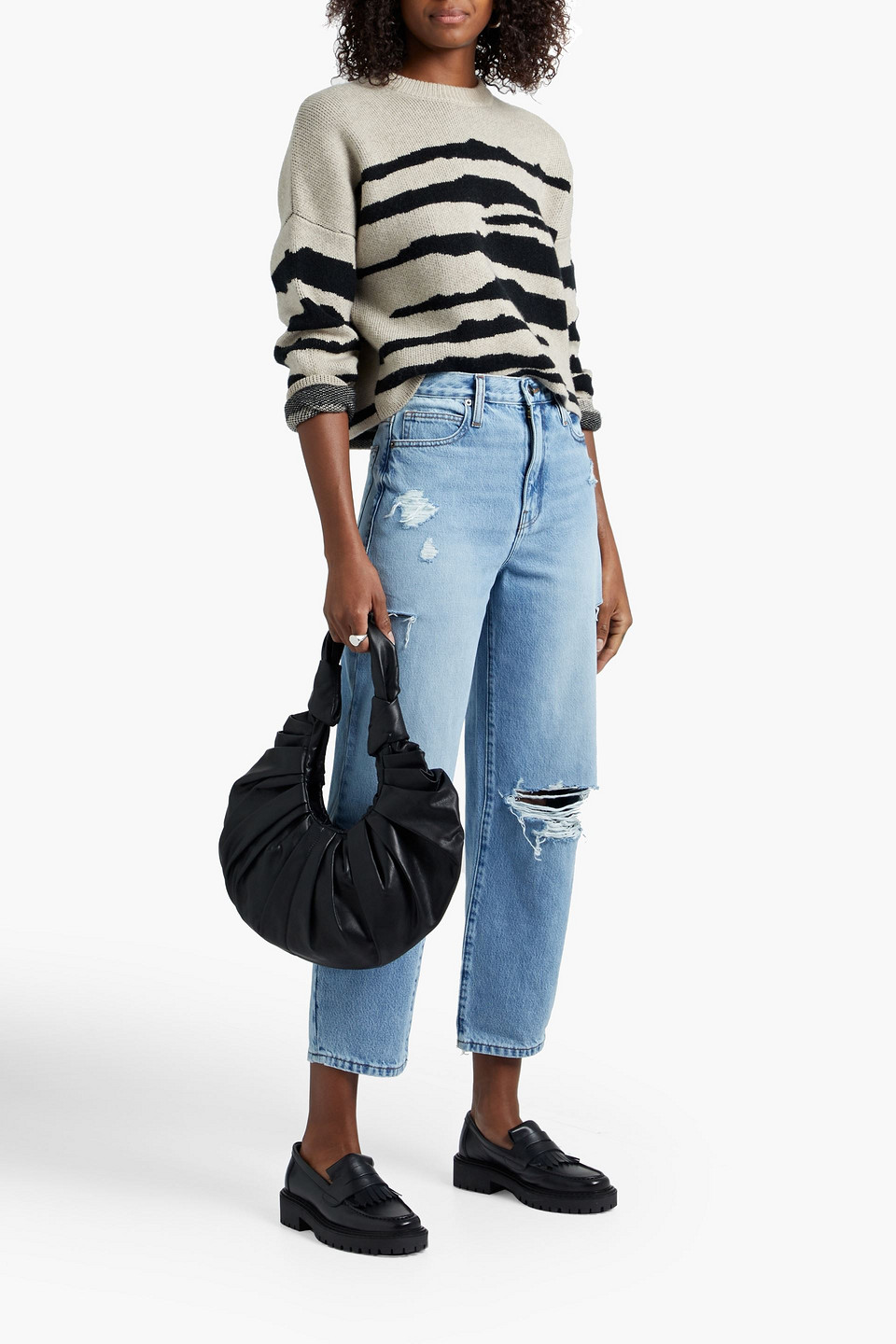 Frame Cropped Distressed Boyfriend Jeans In Mid Denim