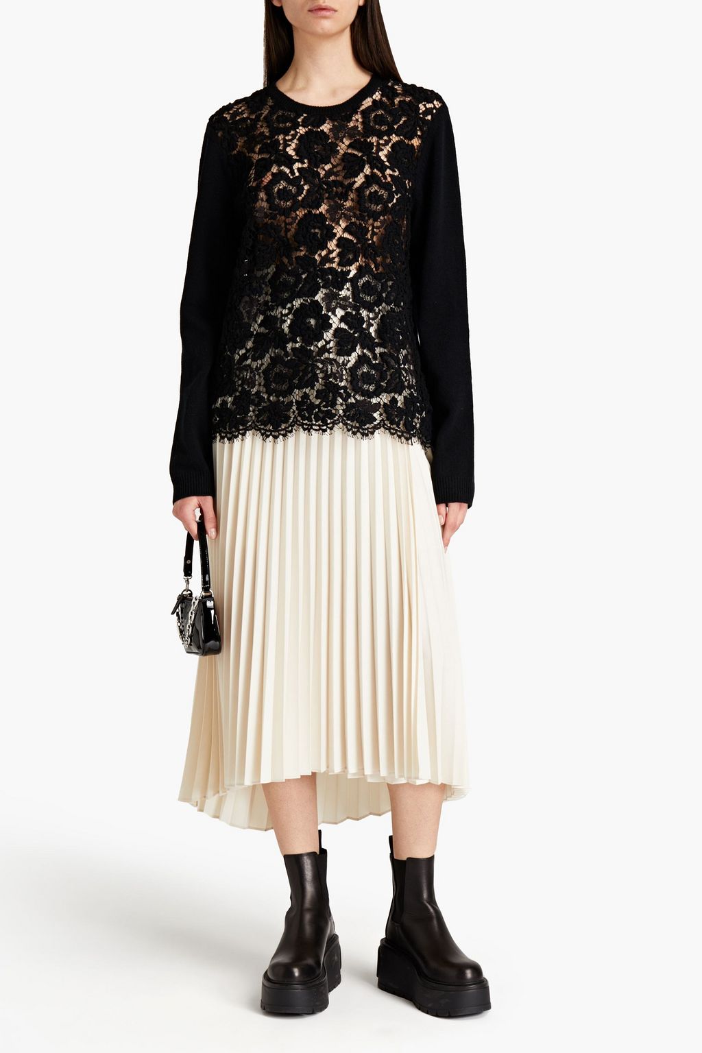 VALENTINO GARAVANI Lace-paneled wool and cashmere-blend sweater