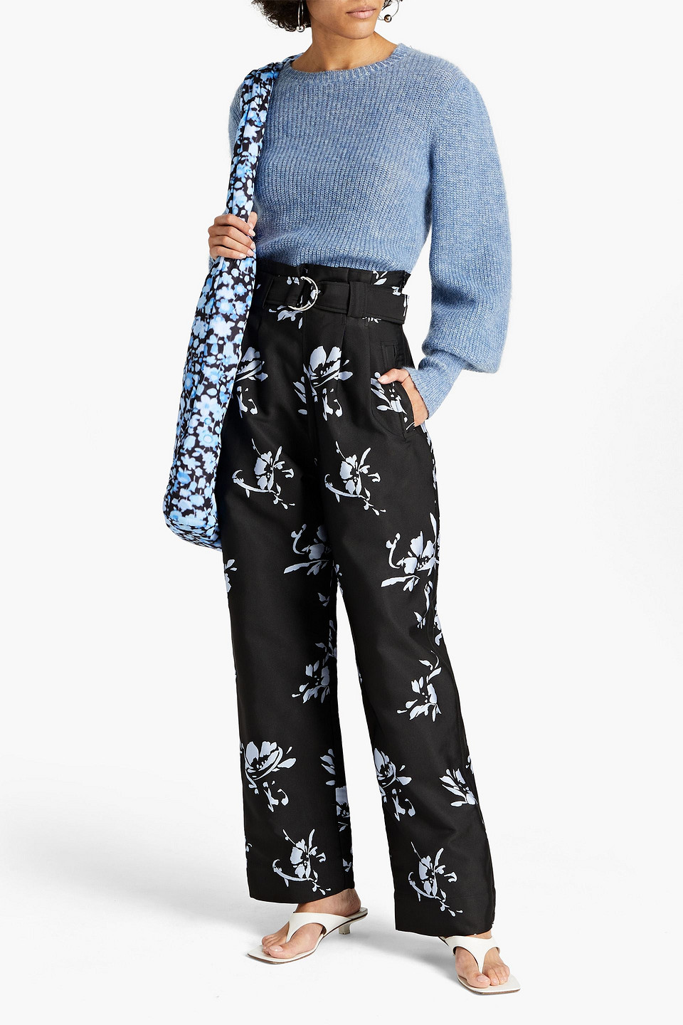 Ganni Belted Floral-jacquard Wide-leg Trousers In Black