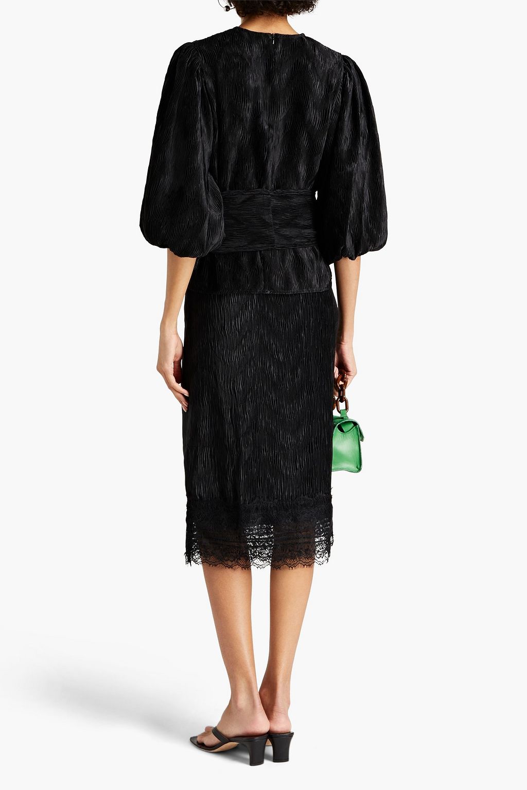 GANNI Lace-paneled plissé-satin skirt