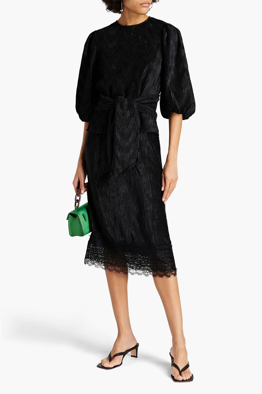GANNI Lace-paneled plissé-satin skirt