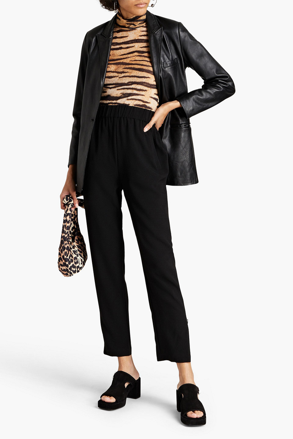 Ganni Cropped Crepe Tapered Trousers In Black