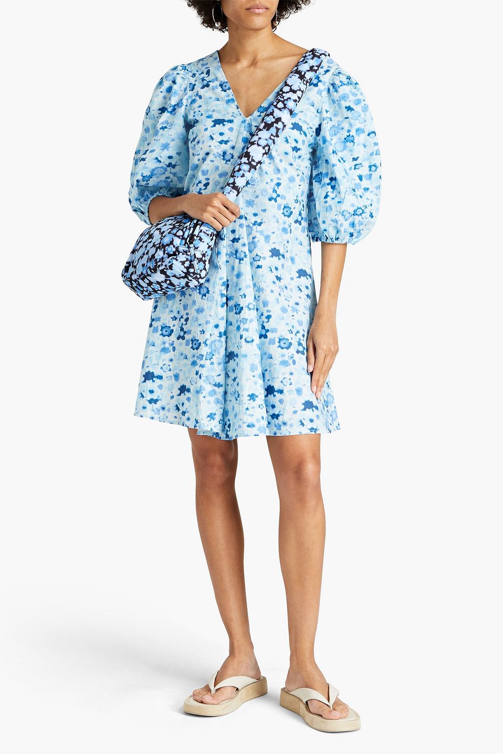 GANNI Printed cotton-poplin mini dress