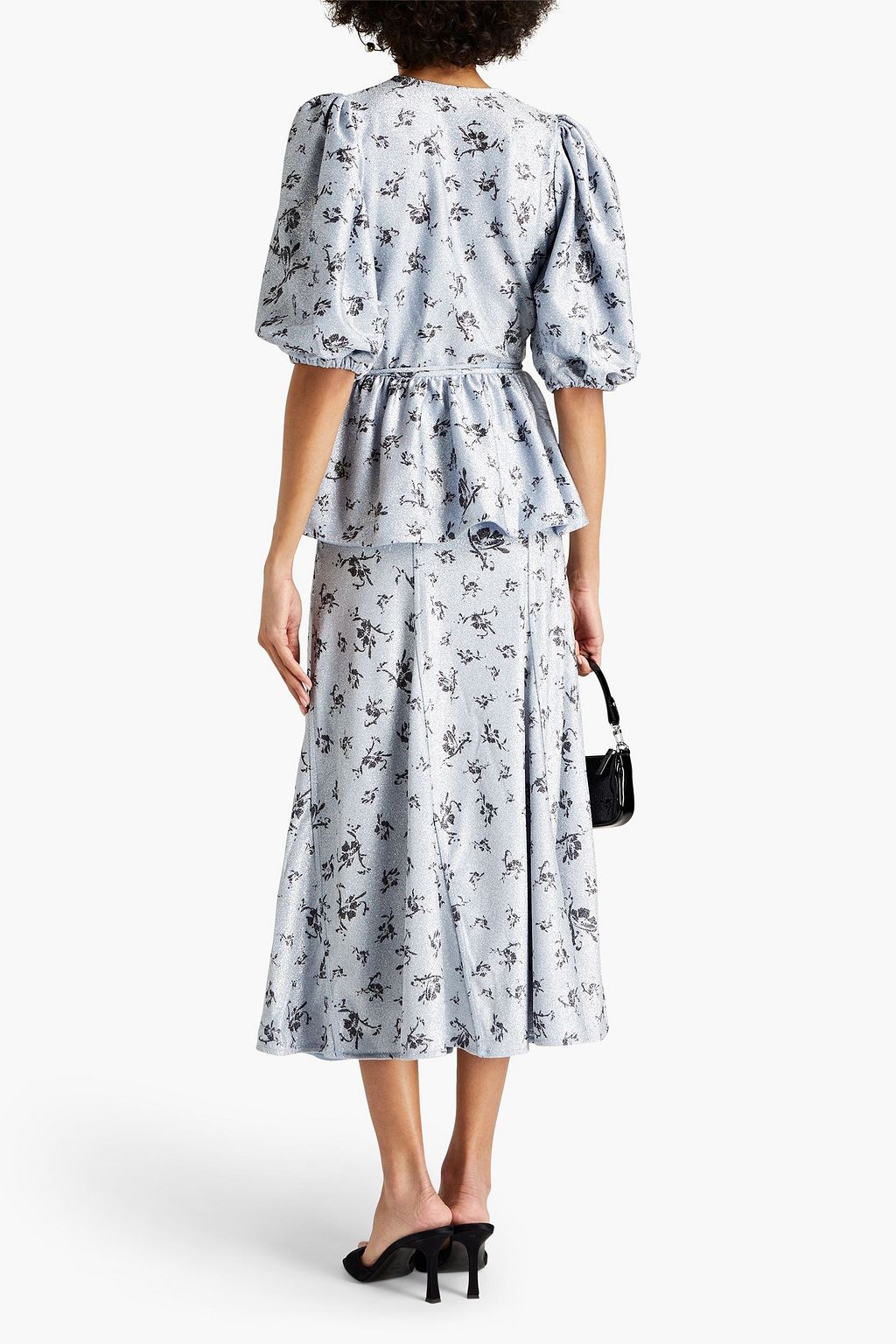 GANNI Printed metallic jersey wrap blouse