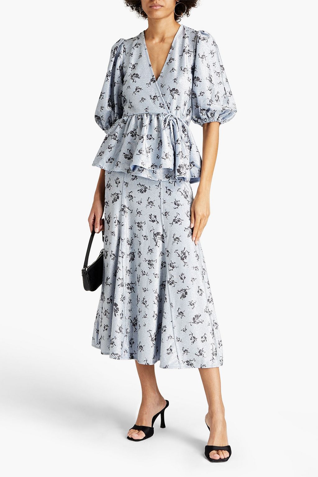 GANNI Printed metallic jersey wrap blouse