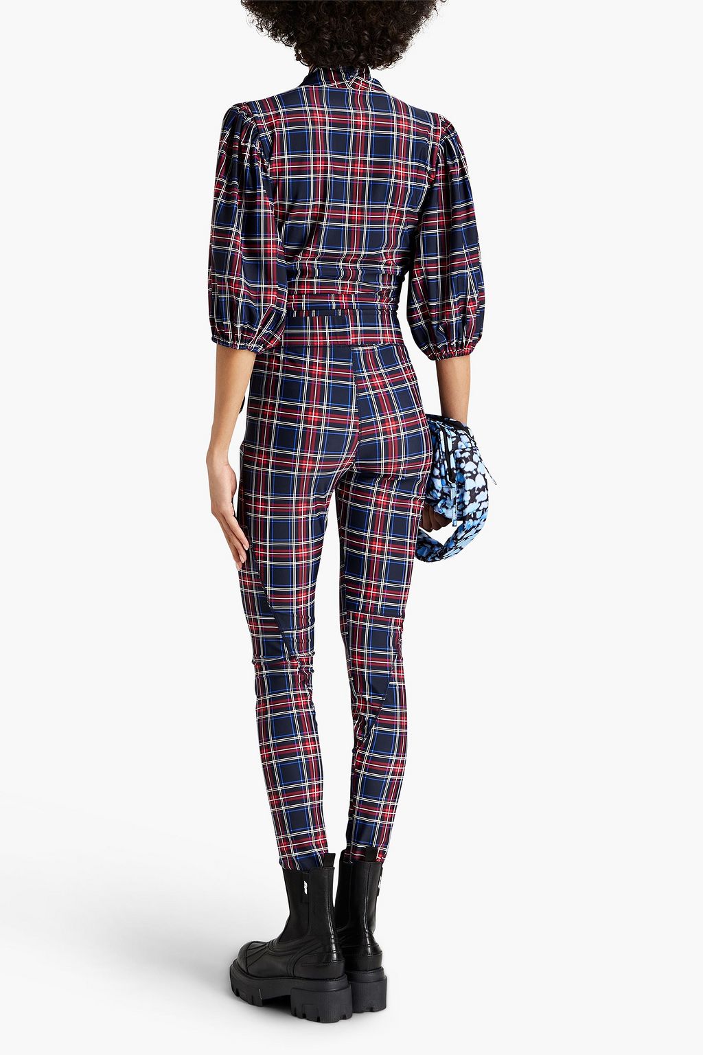 GANNI Checked stretch-jersey wrap blouse