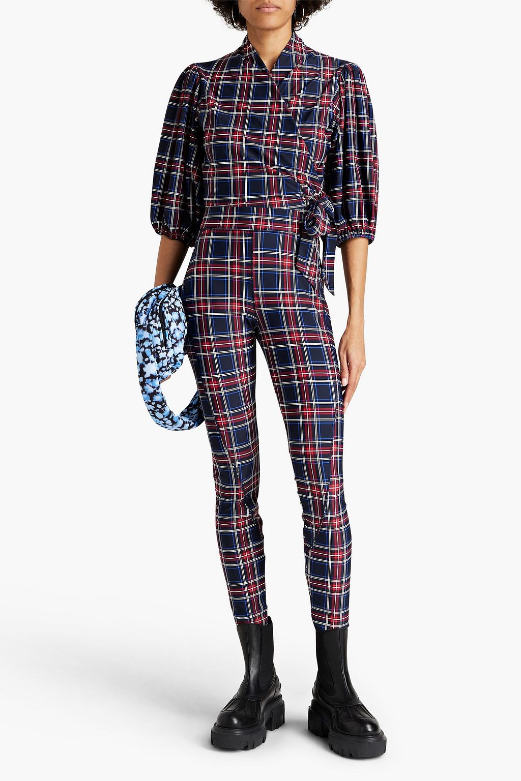 GANNI Checked stretch-jersey wrap blouse