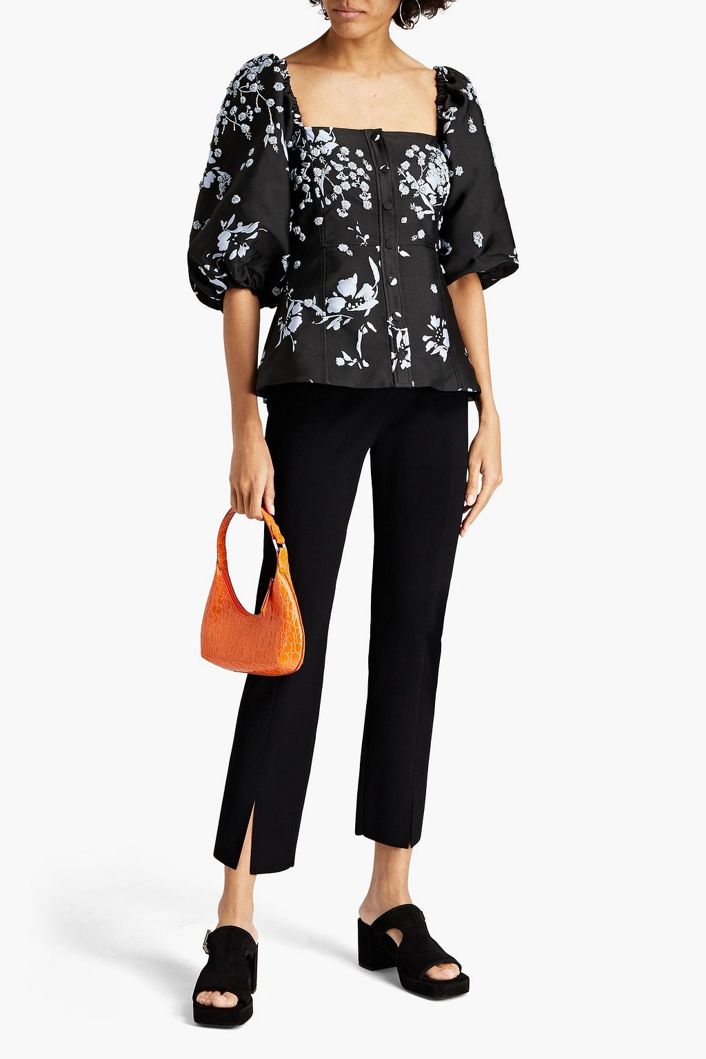 GANNI Embellished floral-print twill peplum top