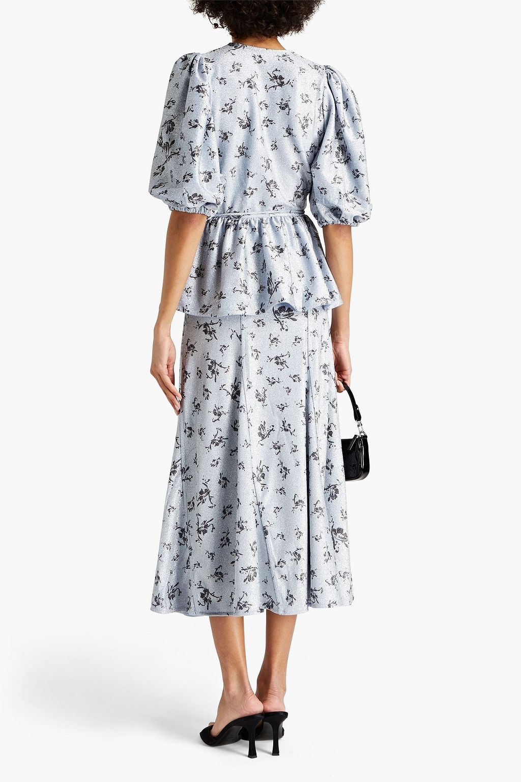 GANNI Printed metallic jersey midi skirt
