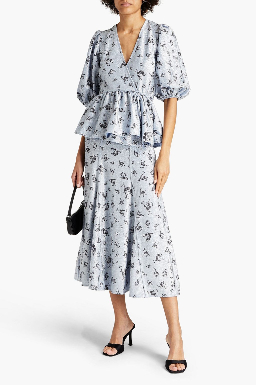 GANNI Printed metallic jersey midi skirt