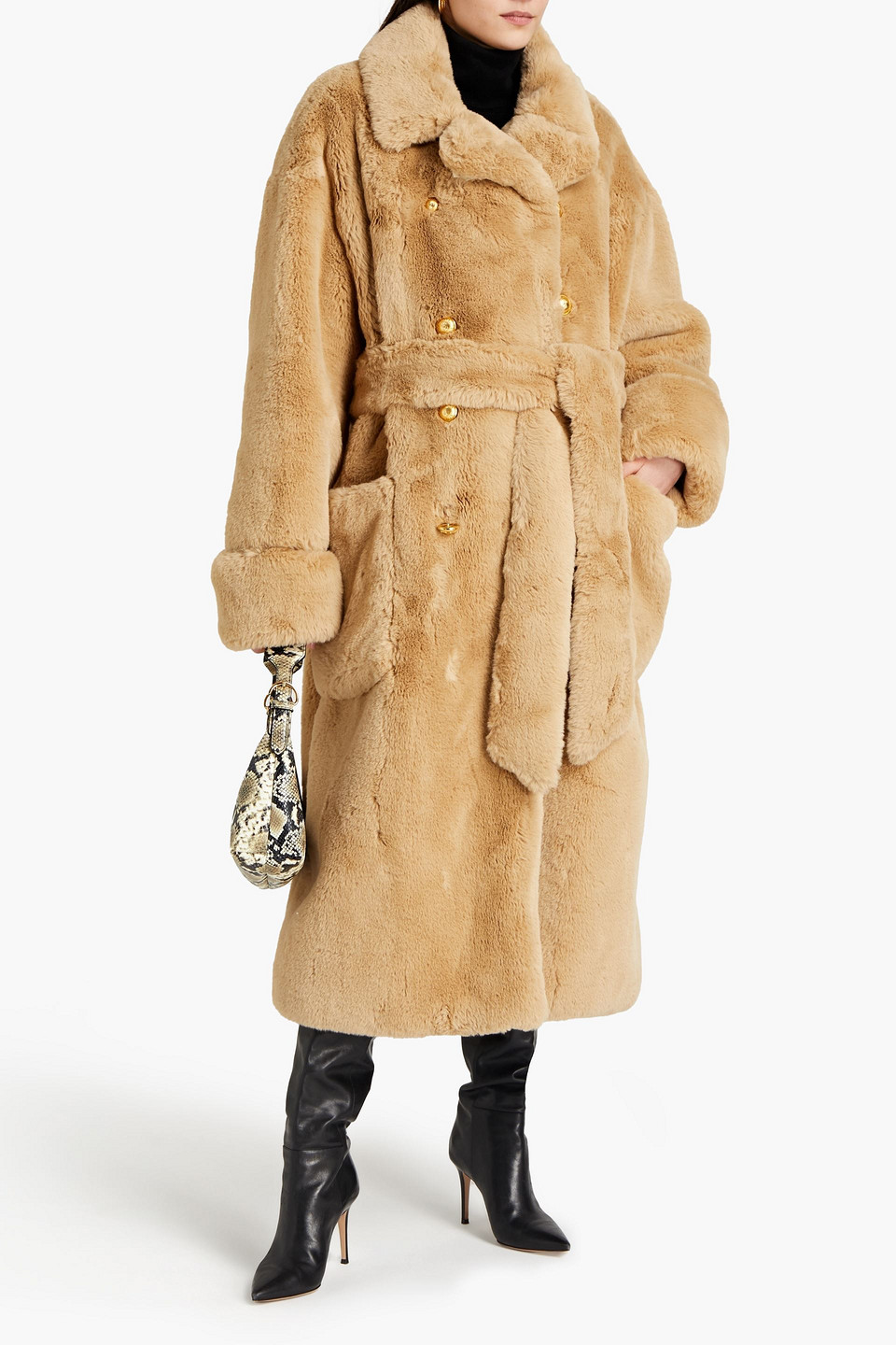 Alexandre Vauthier Double-breasted Belted Faux Fur Coat In Yellow