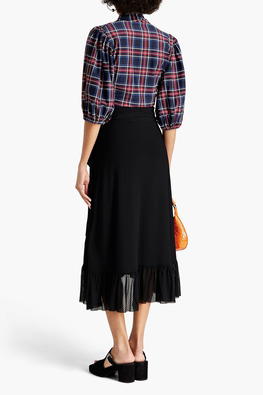 GANNI Ruffled flocked mesh midi wrap skirt