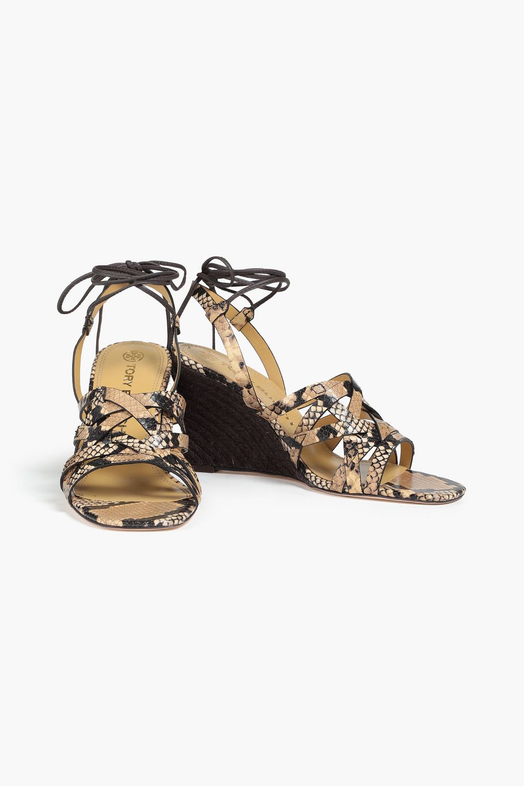 TORY BURCH Basketweave snake-effect leather wedge sandals