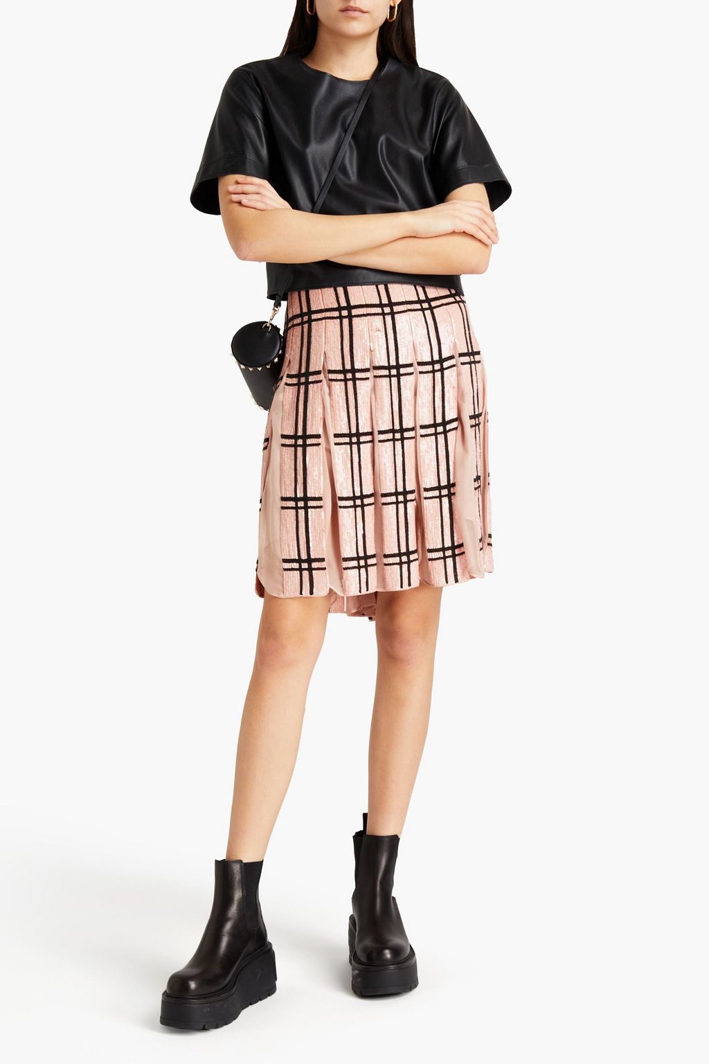 VALENTINO GARAVANI Pleated checked sequined silk-chiffon skirt