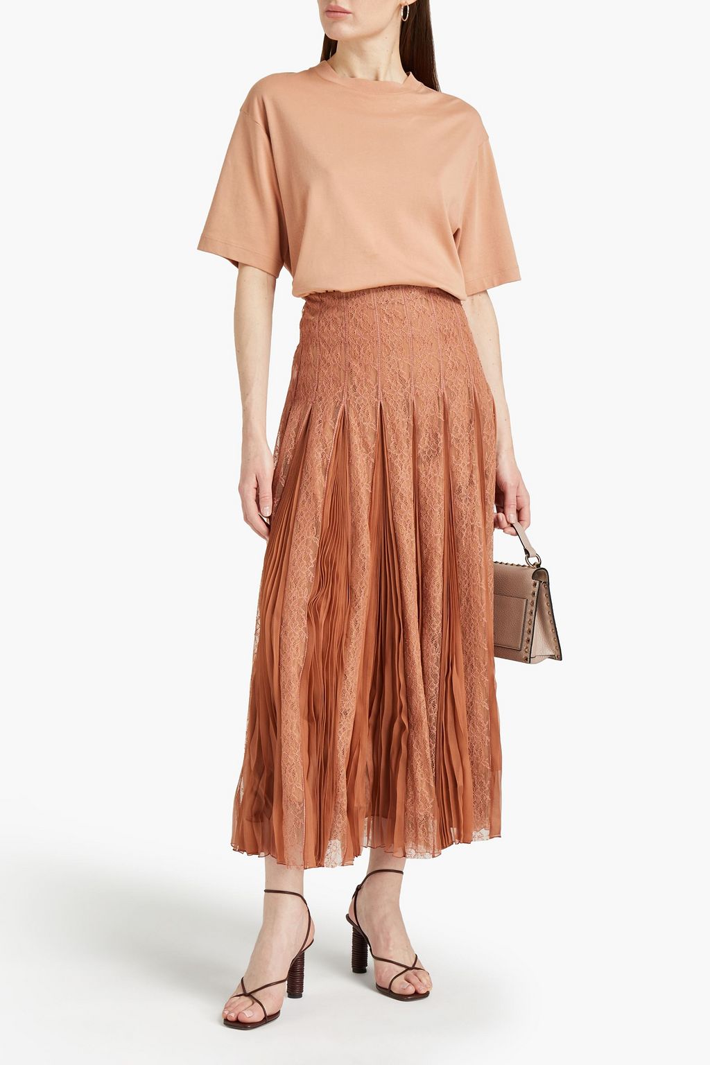 VALENTINO GARAVANI Pleated corded lace and silk-chiffon midi skirt