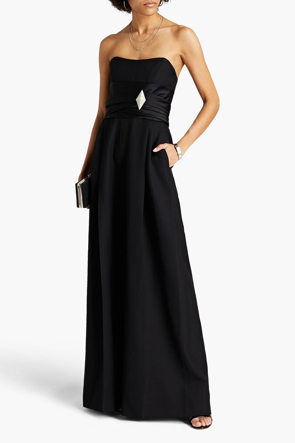 Alexandre Vauthier Strapless Embellished Grain De Poudre Wool Jumpsuit In Black