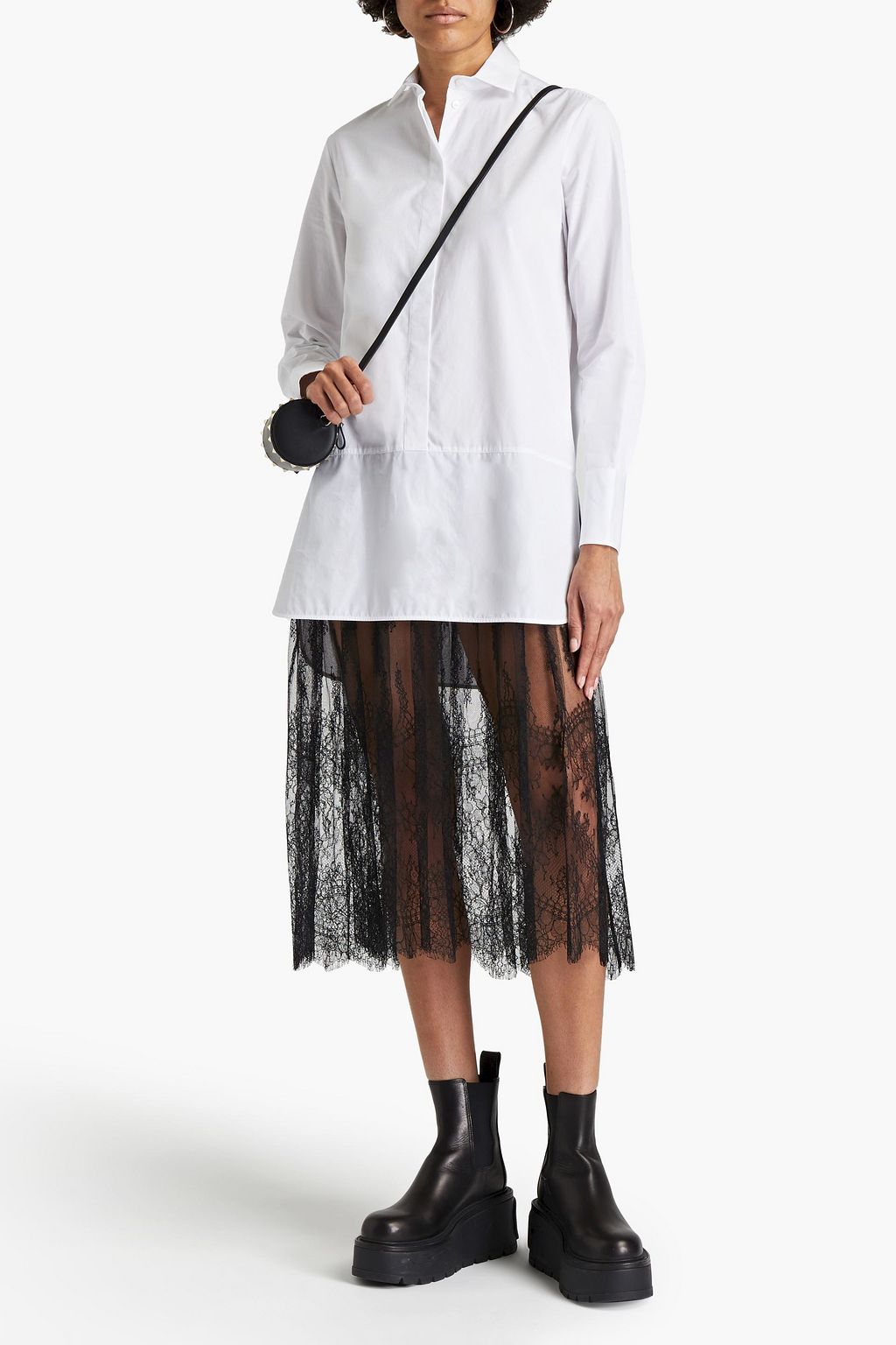 VALENTINO GARAVANI Lace-paneled cotton-poplin midi shirt dress