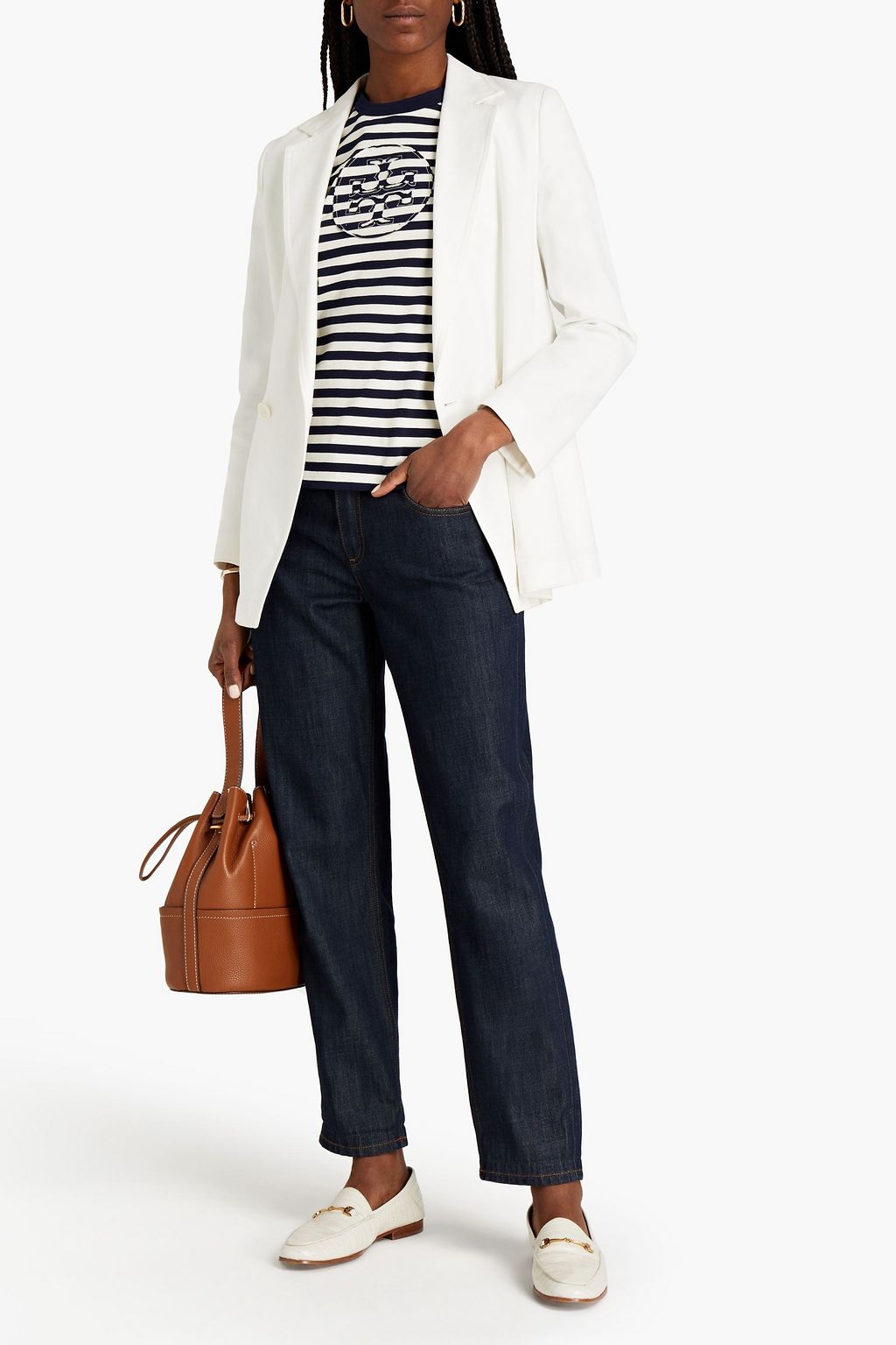 TORY BURCH Appliquéd striped cotton-jersey T-shirt