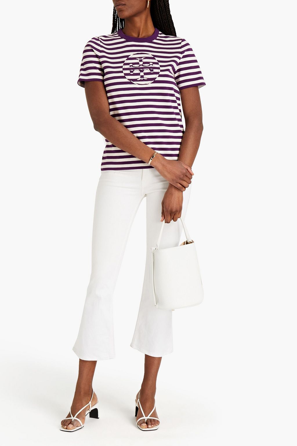 TORY BURCH Appliquéd striped cotton-jersey T-shirt
