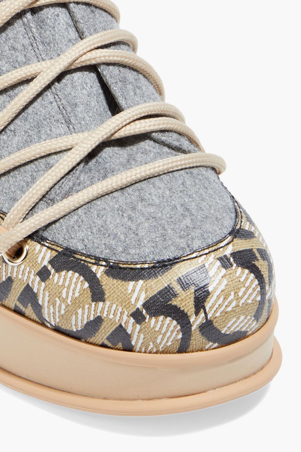 FERRAGAMO Milo faux shearling-trimmed logo-print leather and flannel snow boots