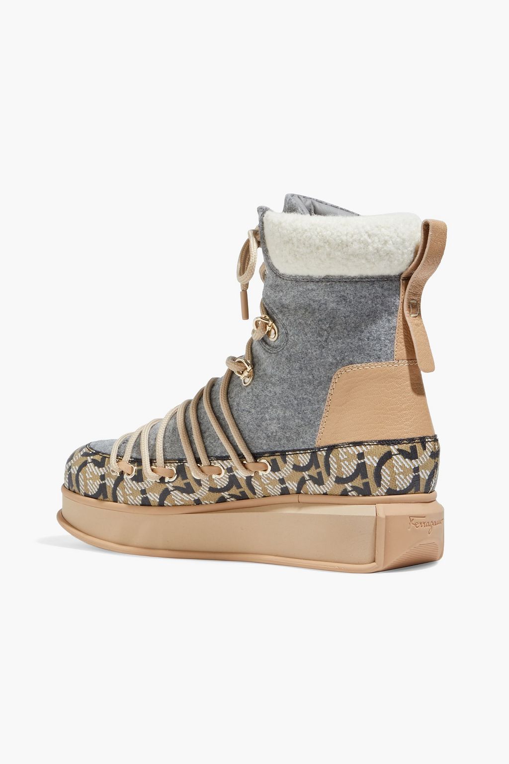 FERRAGAMO Milo faux shearling-trimmed logo-print leather and flannel snow boots