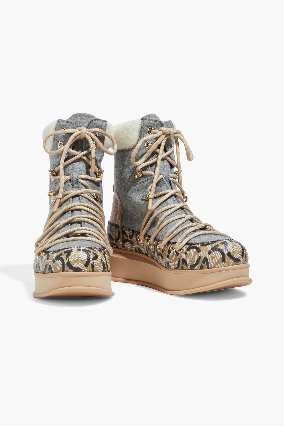 FERRAGAMO MILO FAUX SHEARLING-TRIMMED LOGO-PRINT LEATHER AND FLANNEL SNOW BOOTS 3074457345629712132