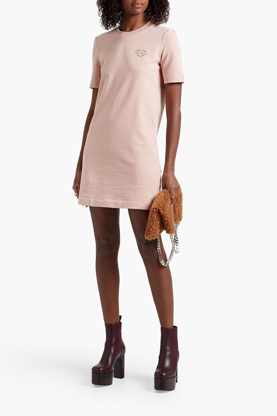 Love Moschino Appliquéd Cotton-blend Jersey Mini Dress In Blush