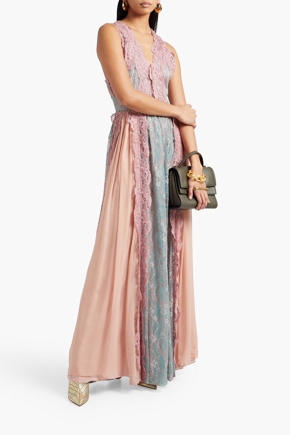 Alexis Rosalia Paneled Crepon, Crocheted And Corded Lace Maxi Dress In  Antique Rose | ModeSens