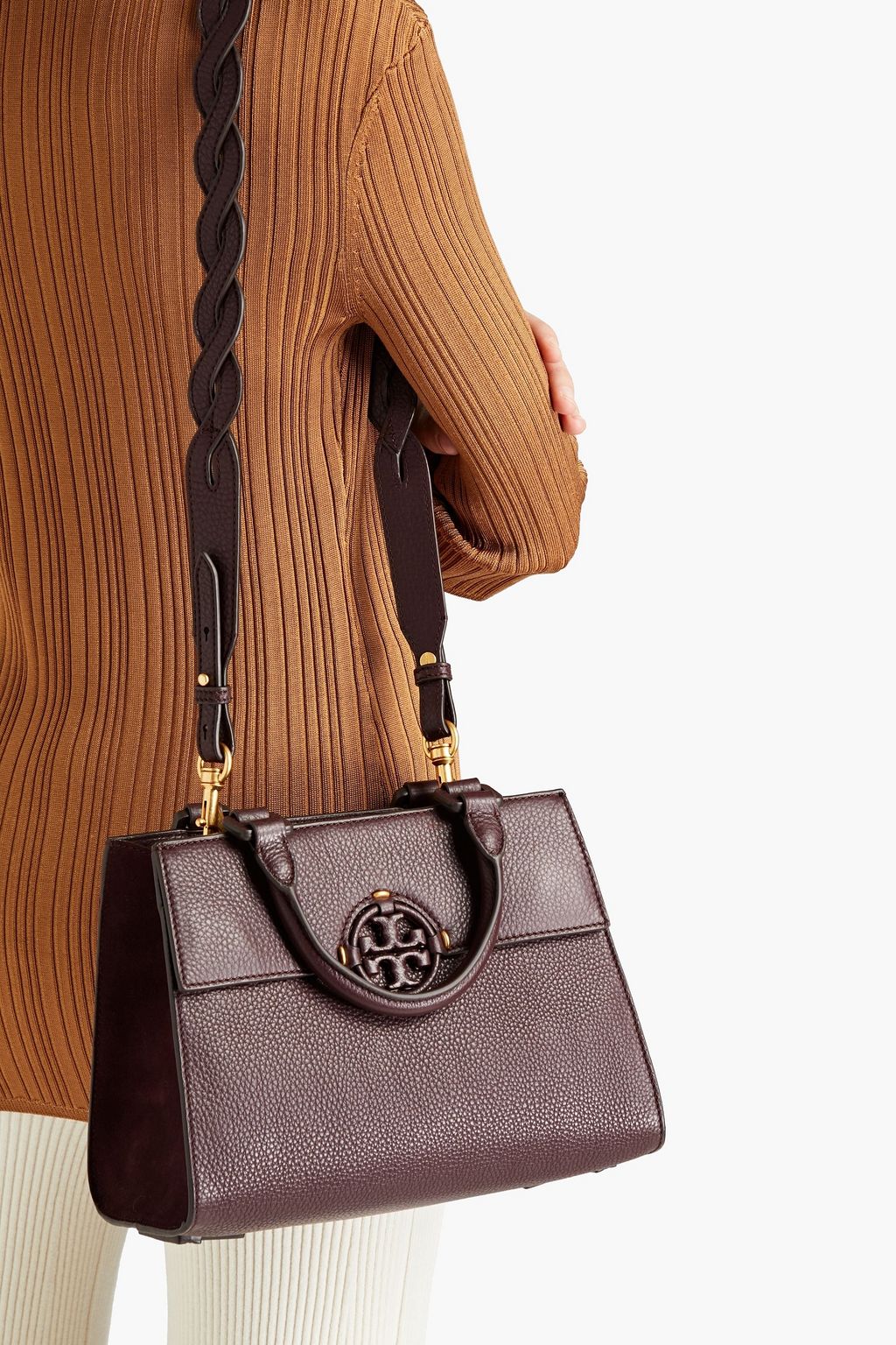 TORY BURCH Miller suede-paneled pebbled-leather tote