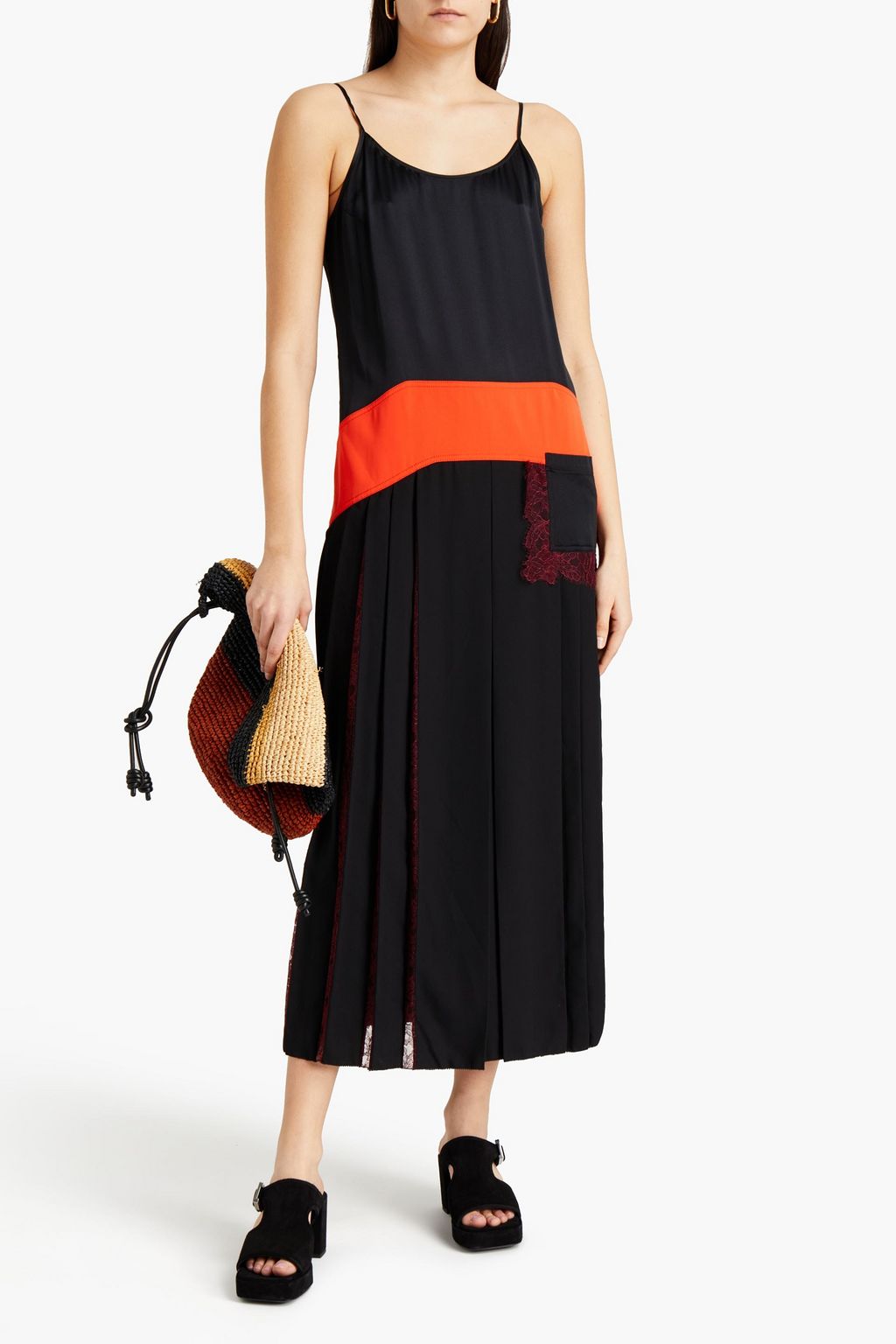 TORY BURCH Veronica lace-paneled pleated crepe midi dress