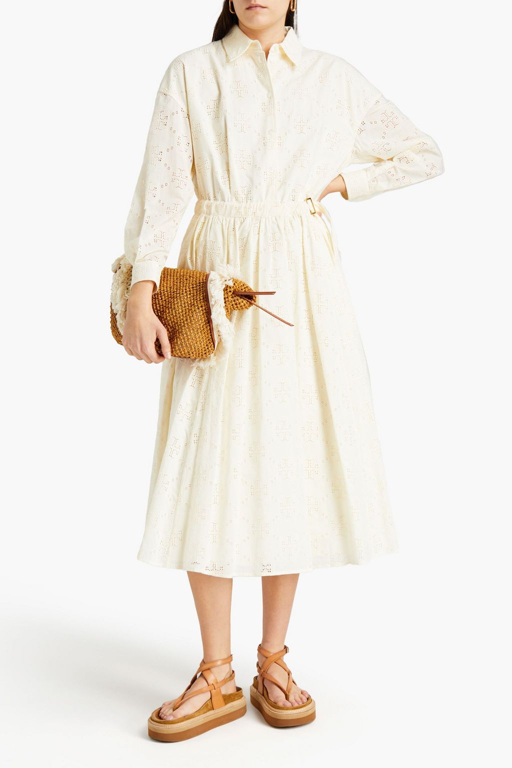 TORY BURCH Pleated broderie anglaise cotton midi shirt dress