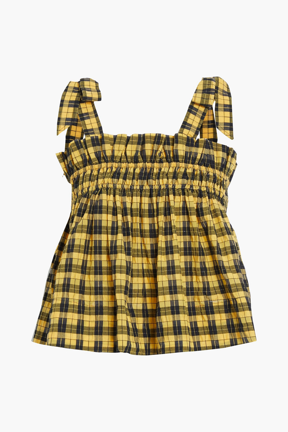 ganni - shirred checked cotton-blend top - yellow - eu 40