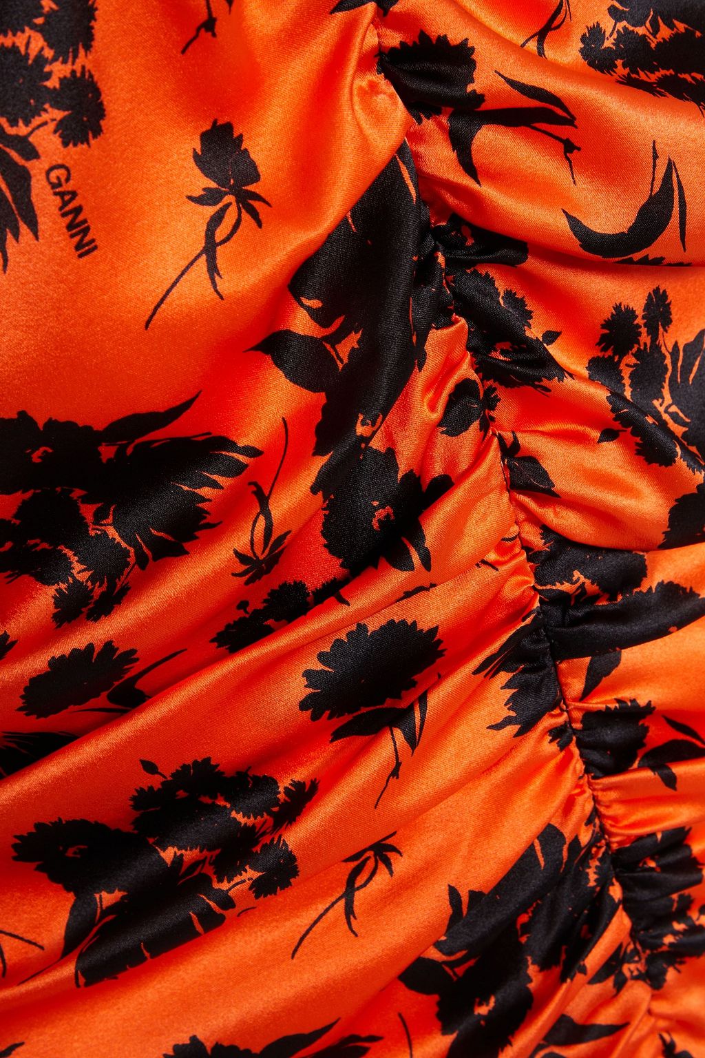 GANNI Ruched floral-print silk-blend satin midi shirt dress