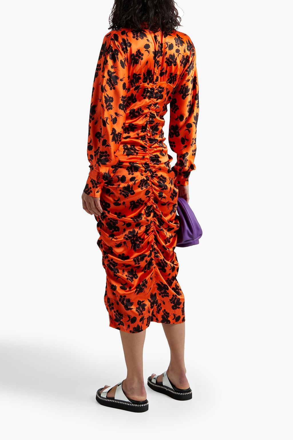 GANNI Ruched floral-print silk-blend satin midi shirt dress