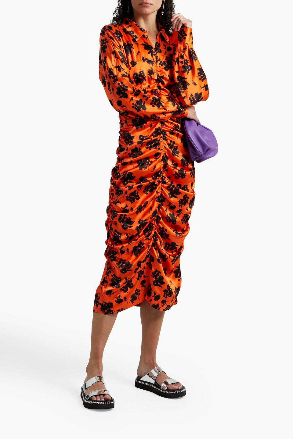 Shop Ganni Ruched Floral-print Silk-blend Satin Midi Shirt Dress In Bright Orange