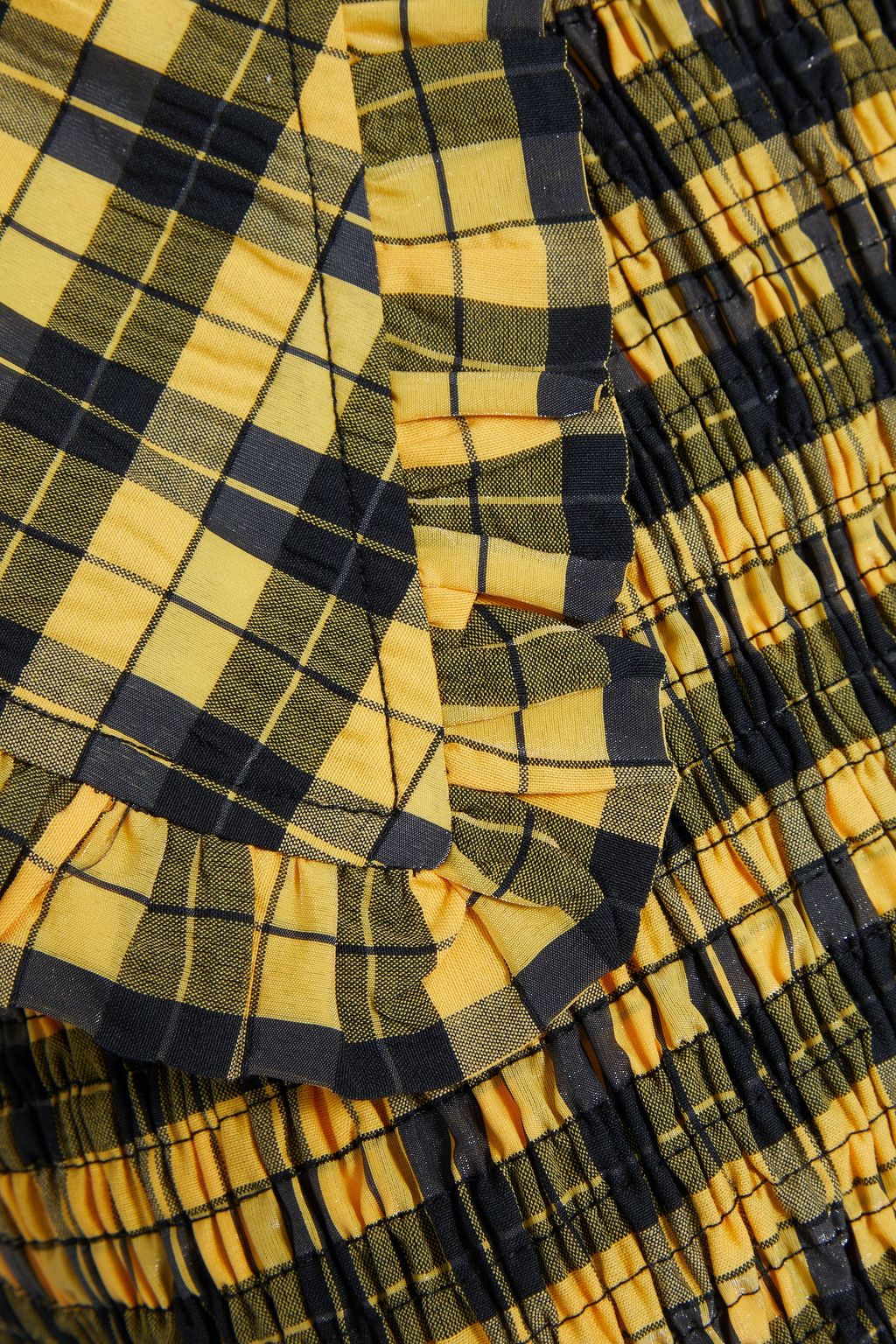 GANNI Shirred ruffle-trimmed checked cotton-blend midi dress