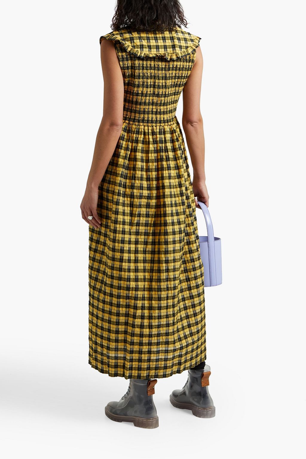 GANNI Shirred ruffle-trimmed checked cotton-blend midi dress