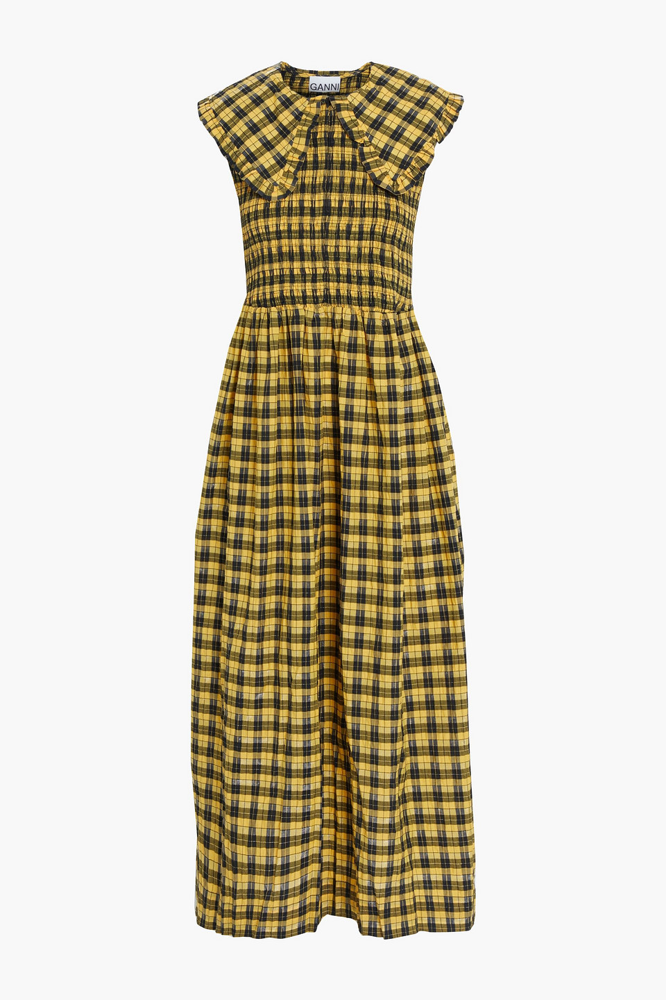ganni - shirred ruffle-trimmed checked cotton-blend midi dress - yellow - eu 34