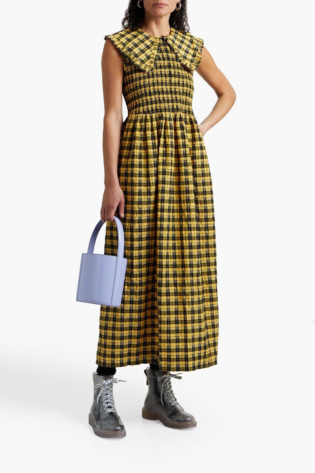 GANNI Shirred ruffle-trimmed checked cotton-blend midi dress
