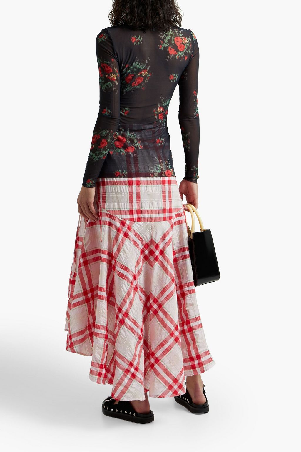 GANNI Asymmetric checked cotton-blend midi wrap skirt