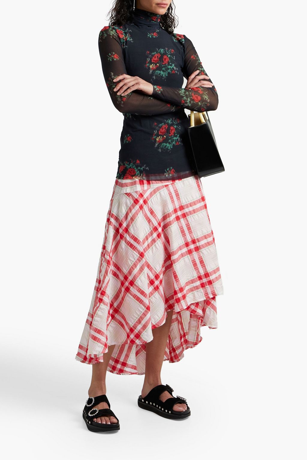 GANNI Asymmetric checked cotton-blend midi wrap skirt