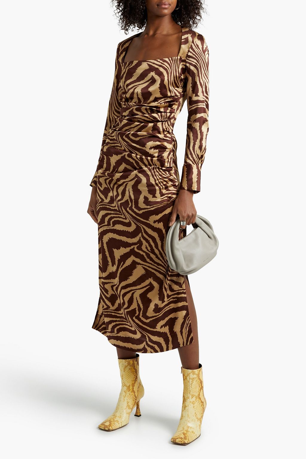 GANNI Pleated draped silk-blend satin midi dress