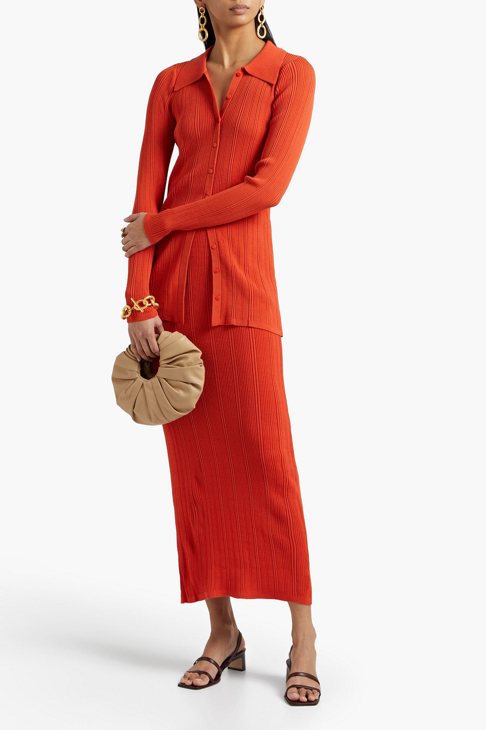 Shop Ronny Kobo Maribel Ribbed-knit Midi Skirt In Tomato Red