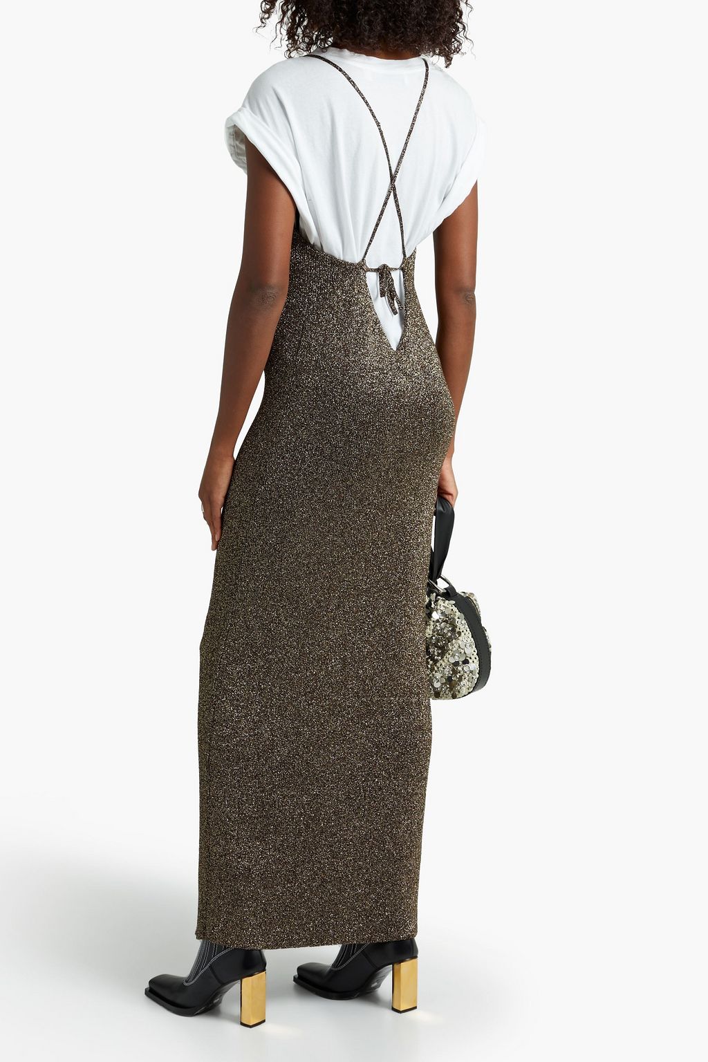 GANNI Tie-back metallic knitted maxi dress