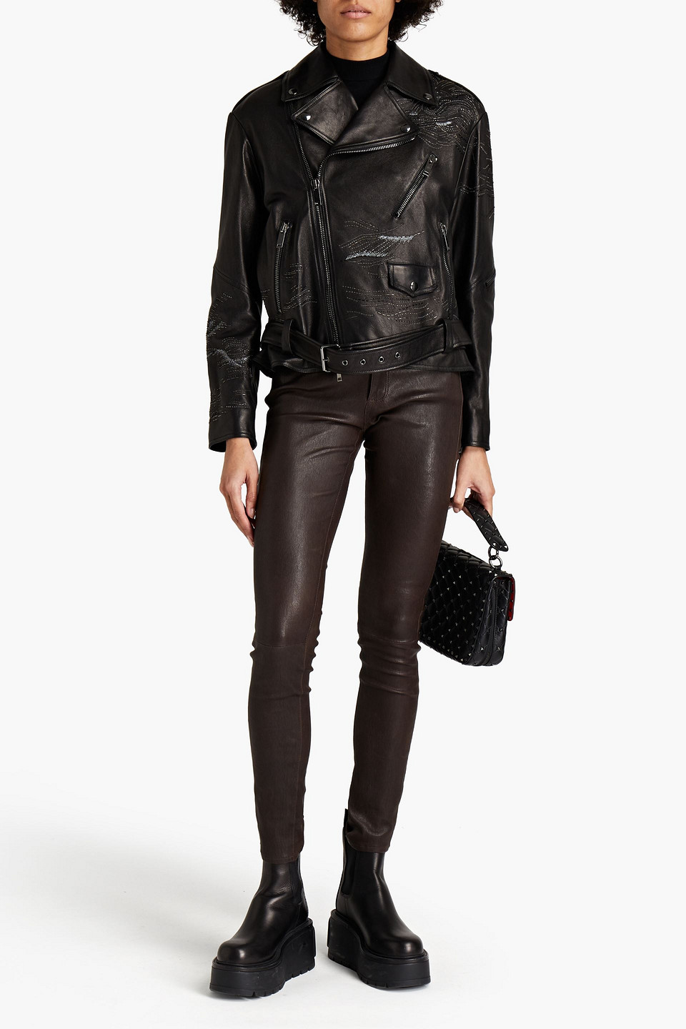 Valentino Bead-embellished Leather Biker Jacket In Black